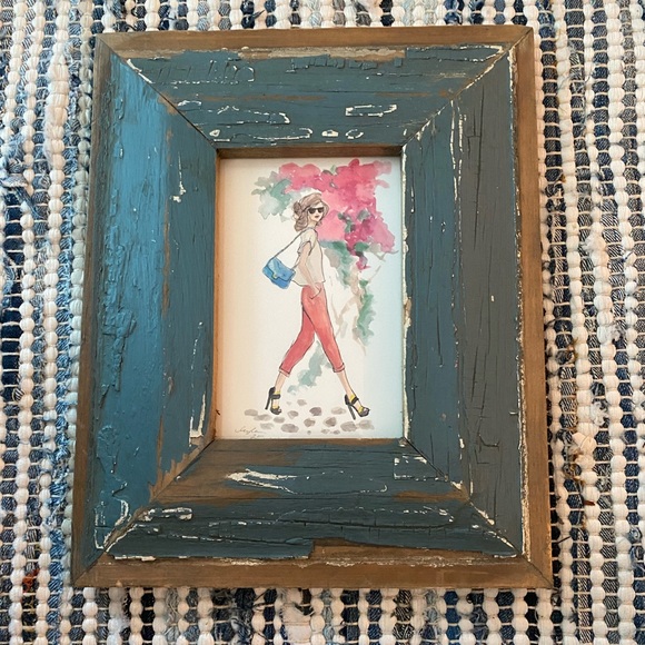 Watercolor print with blue wooden handmade frame. 9.25”x11.25”. Like new.